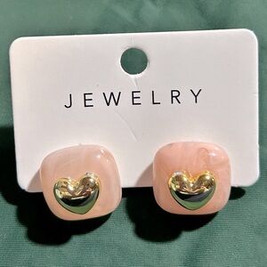 Pink Resin with Gold Heart Earrings New